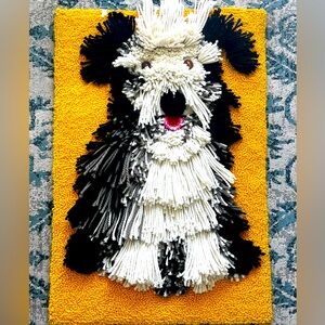 1960’s Dog Shag Rug/ wall decor  - Black, White & Yellow / latch hook style